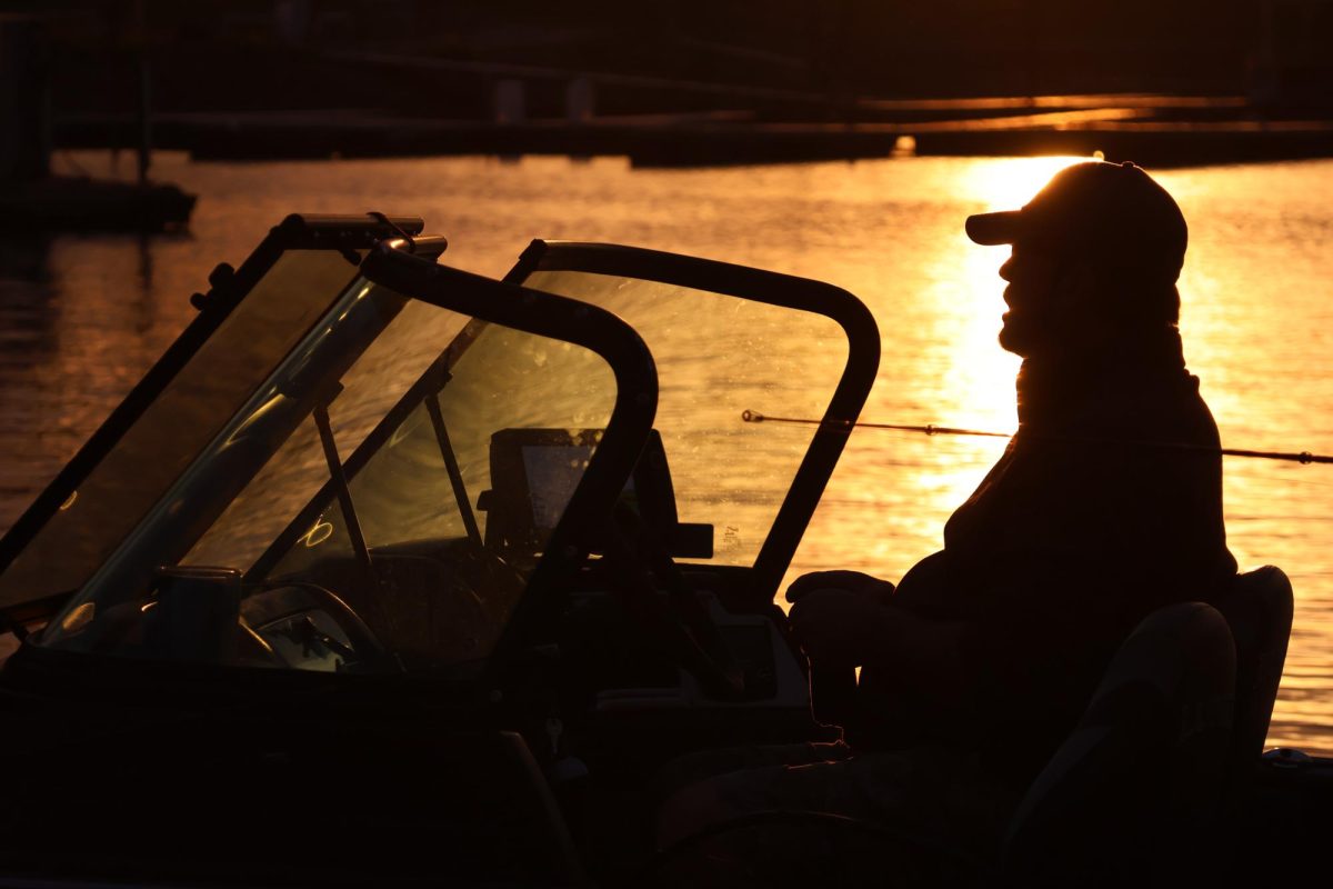 Jeff Bertucci, a member of the Chicagoland Muskie Club, takes off onto Kinkaid Lake at sunrise April 10, 2026 in Murphysboro, Illinois.