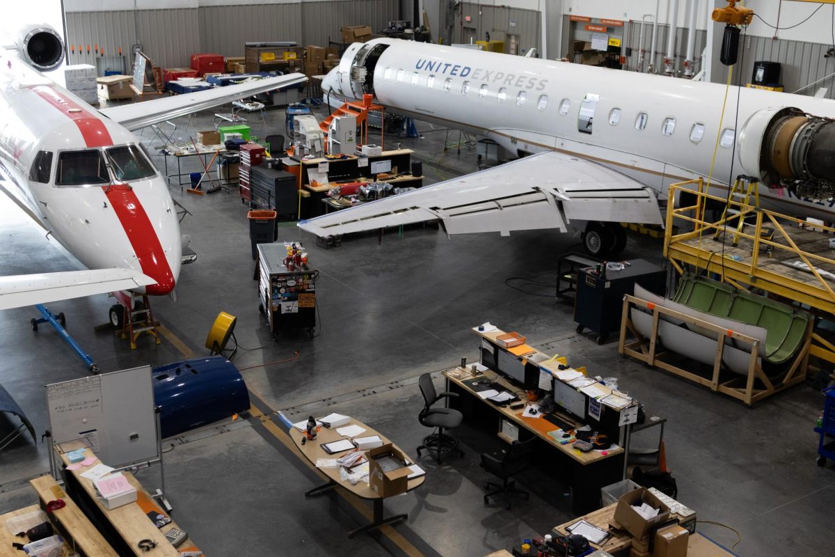 Two planes sit inside a hanger owned by Crucial MRO April 10, 2026 at the Southern Illinois Airport in Jackson County, Illinois.