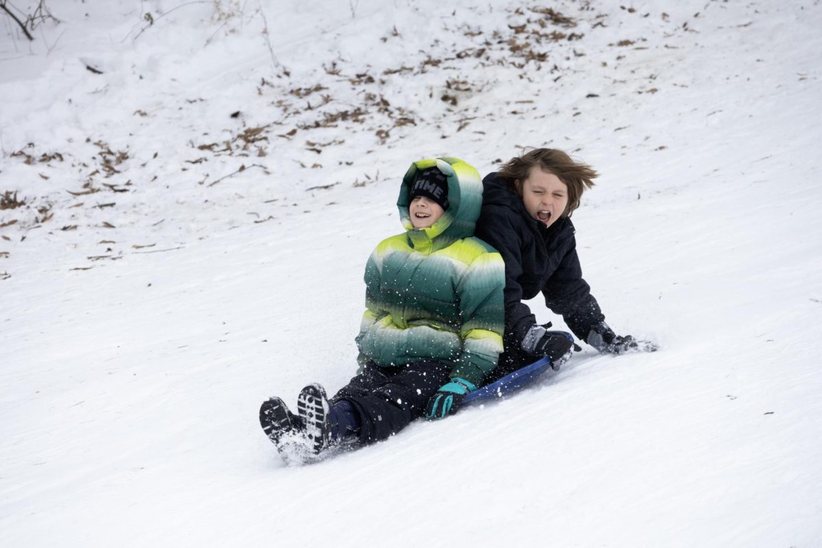 Zander laughs and Clark screams as they slide down the Banterra Center hill Jan. 28, 2026 at the Southern Illinois University campus in Carbondale, Illinois.