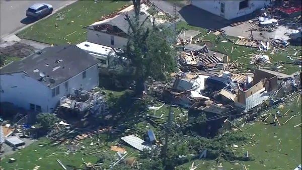 This photo made from video provided by WLS shows an aerial view of storm damage and a tornado-ravaged area on Friday, June 12, 2026, in Merrillville, Ind.