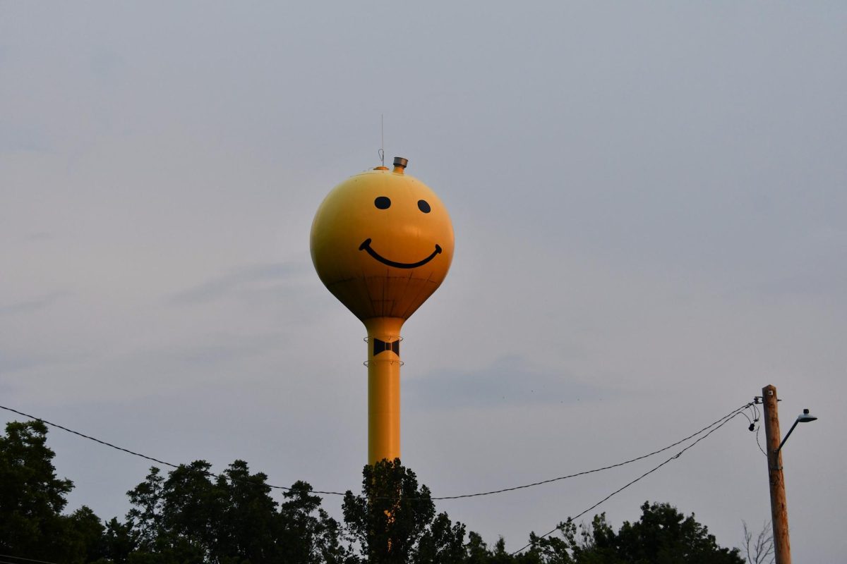 The setting sun illuminates the Buncombe Public Water District water tower July 7, 2026, just off U.S. Route 51 in Makanda, Illinois.